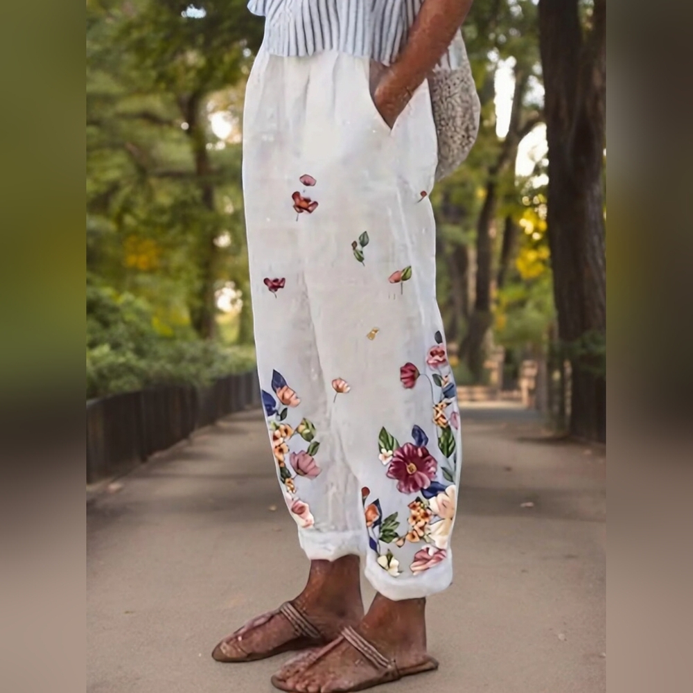 🆕️ High Waisted White Floral Wide Leg Pants